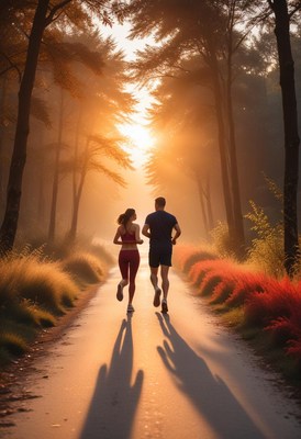 Couple jogging at sunrise in a misty forest path