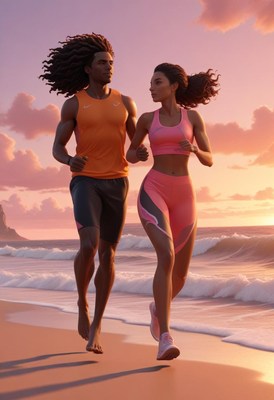 Couple running on beach at sunset