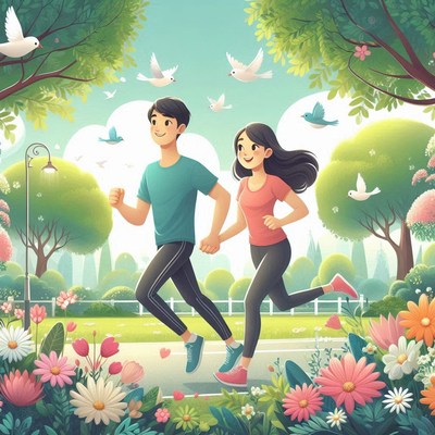 Couple jogging together in vibrant spring park