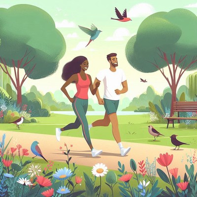 Couple jogging in a lush park during spring