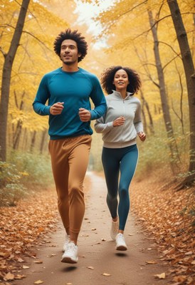 Young couple jogging through autumn forest trail