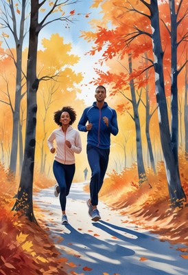 Jogging together on a colorful autumn trail