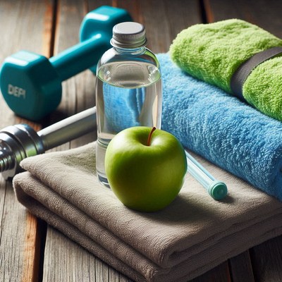 Fitness essentials on wooden table with green apple