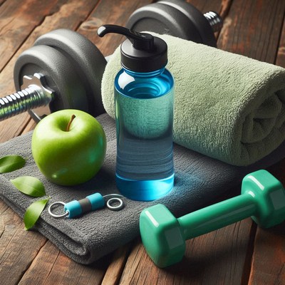 Fitness equipment and healthy snacks on wooden table