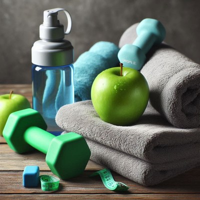 Fitness gear with green apple and water bottle display