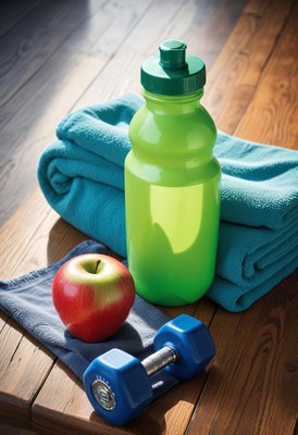 Workout essentials: towel, water bottle, apple, and dumbbell