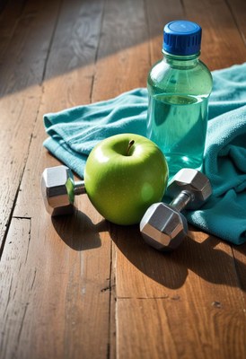 Fitness equipment, water bottle, apple, and towel on floor
