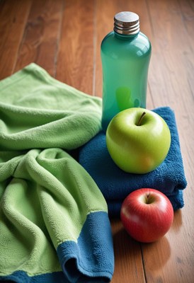 Fresh fruit and towels on wooden surface