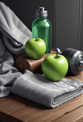 Healthy lifestyle essentials with apples and dumbbell
