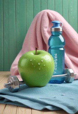 Healthy lifestyle setup with dumbbell, water, and apple
