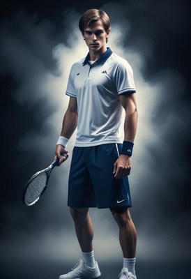 Young athlete posing with tennis racket in studio setting