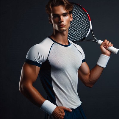 Male tennis player posing with racket in studio light