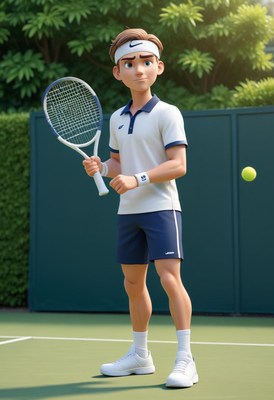 Animated tennis player ready to serve on court
