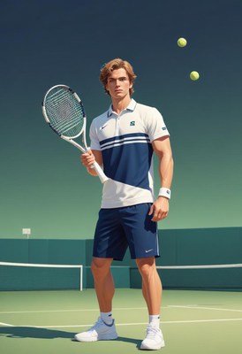 Tennis player on court ready to serve at sunset