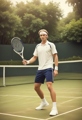 Young male tennis player in action on court