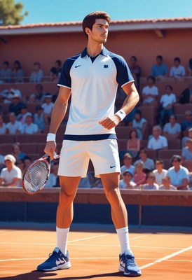 Tennis player celebrating victory on clay court in daylight