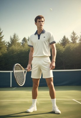 Young man holding tennis racket on court at dusk