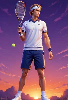 Tennis player at sunset preparing to serve