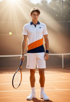 Young male tennis player posing on court at sunset