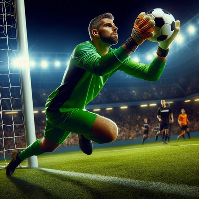 Goalkeeper diving to save soccer ball during match
