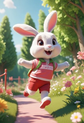 Happy cartoon rabbit running through colorful garden