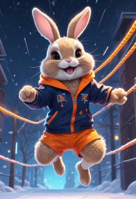 Cheerful bunny jumping in winter wonderland