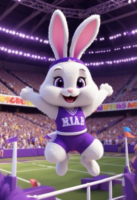 Cheerful bunny mascot jumping at sports event