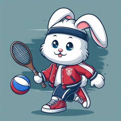 Playful bunny in sports gear with tennis racket and ball