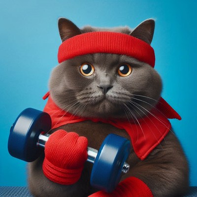 Fitness cat lifting weights in colorful gym attire