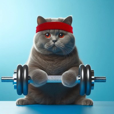 Cat lifting dumbbell with red headband in studio