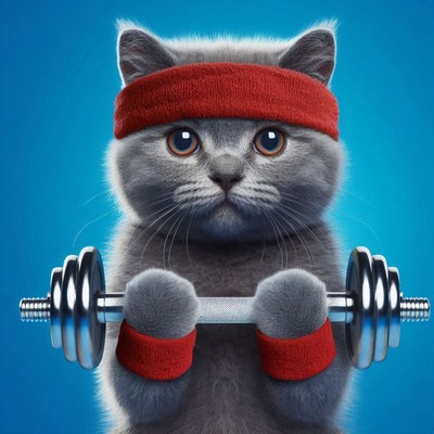 Cat lifting weights in fitness gear against blue background