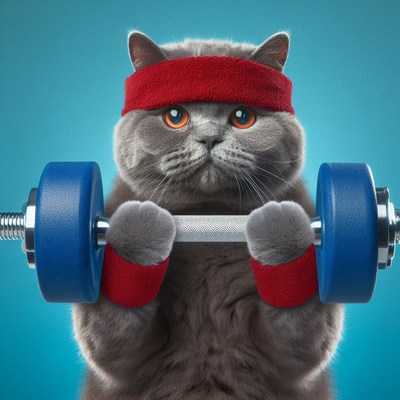 Cat lifting dumbbell in fitness gear against blue background