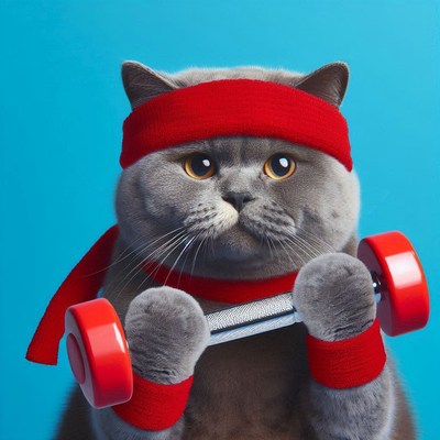 Cat exercising with dumbbells in bright background