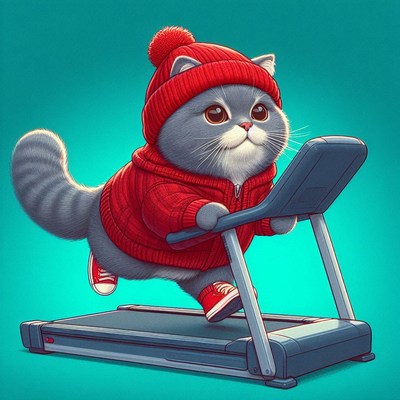 Cat exercising on treadmill in cozy red outfit