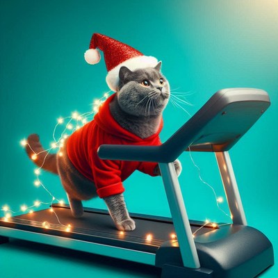 Cat in santa hat on treadmill with holiday lights