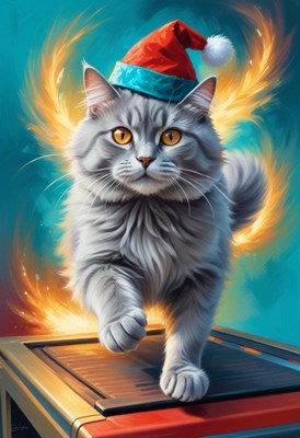 Adventurous cat in santa hat with fiery background