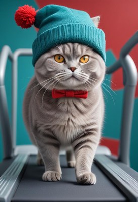 Cat wearing beanie walks on treadmill indoors
