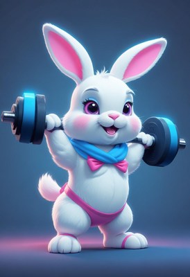 Cartoon rabbit lifting weights in bright gym attire