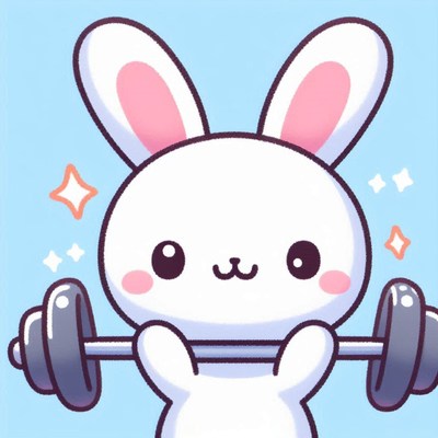 Cute bunny lifts weights in light blue background