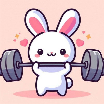 Cute bunny lifting weights against a pink background
