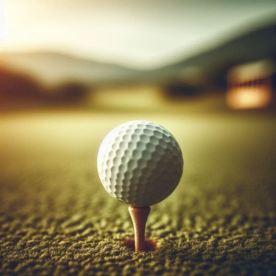 Golf ball on tee at sunset in scenic landscape