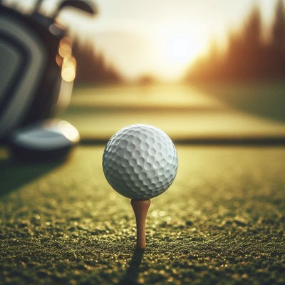 Golf ball teed up at sunset on a serene course