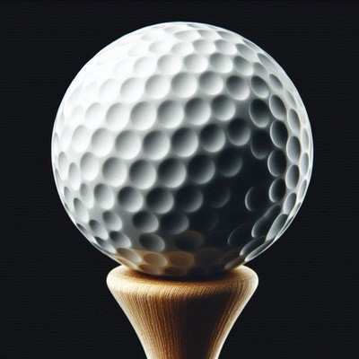 Golf ball on wooden tee against black background