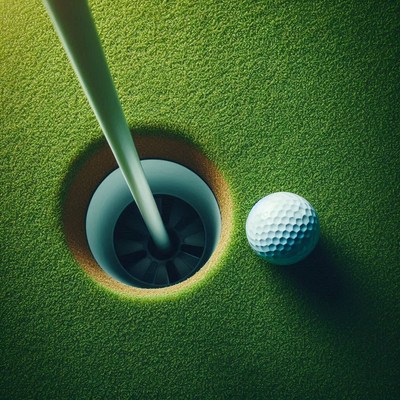 Golf ball near hole on green turf at sunset