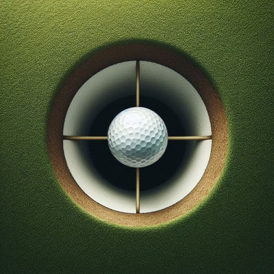 Golf ball nestled in hole on putting green