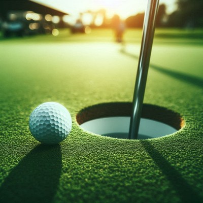 Golf ball near hole on course at sunset