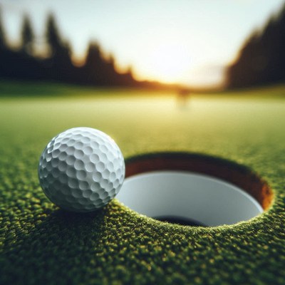 Golf ball near hole at sunset on golf course