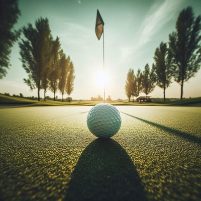 Golf ball on green at sunset in tranquil landscape