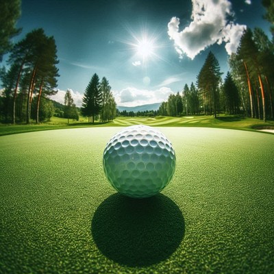 Golf ball on green with stunning landscape and sunlight