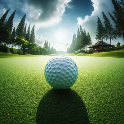 Golf ball on course at sunset with lush landscape